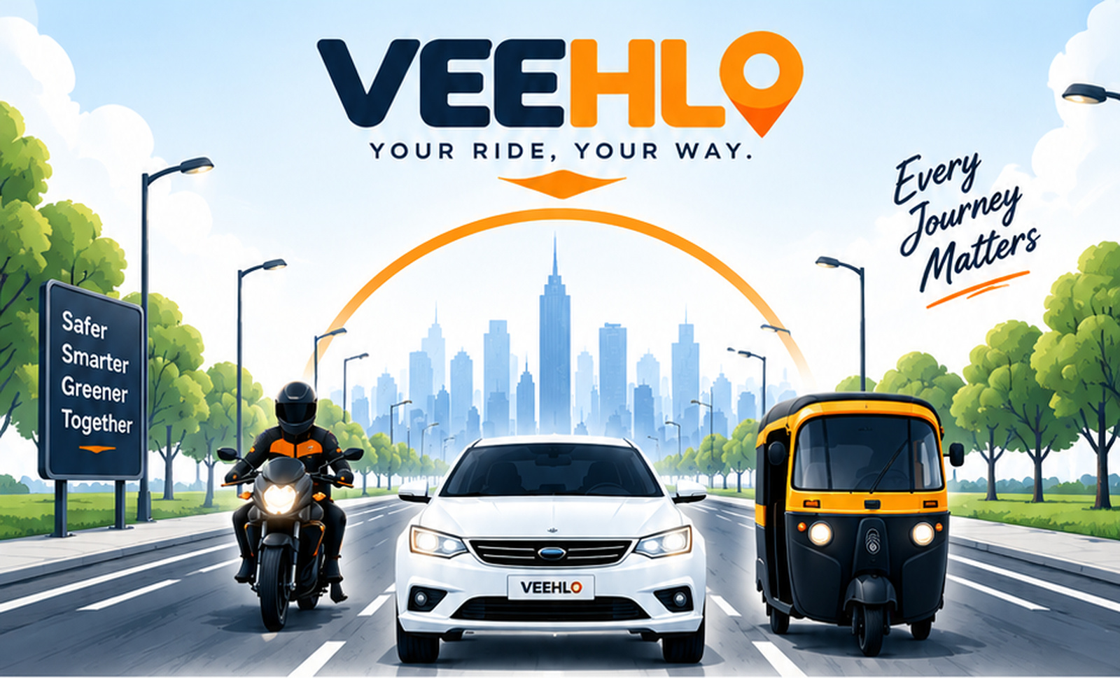 Veehlo car, bike and auto on the road with city skyline